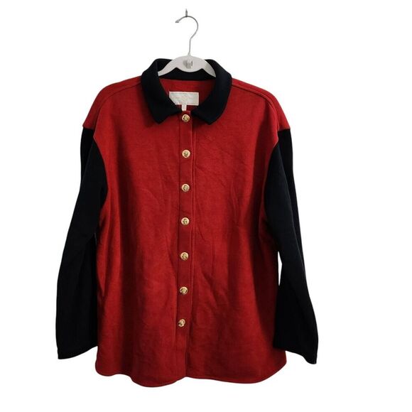 St. John Sport Sweater Medium‎ Red Gold Button Down Collared Cotton Vintage Y2K - Picture 1 of 8